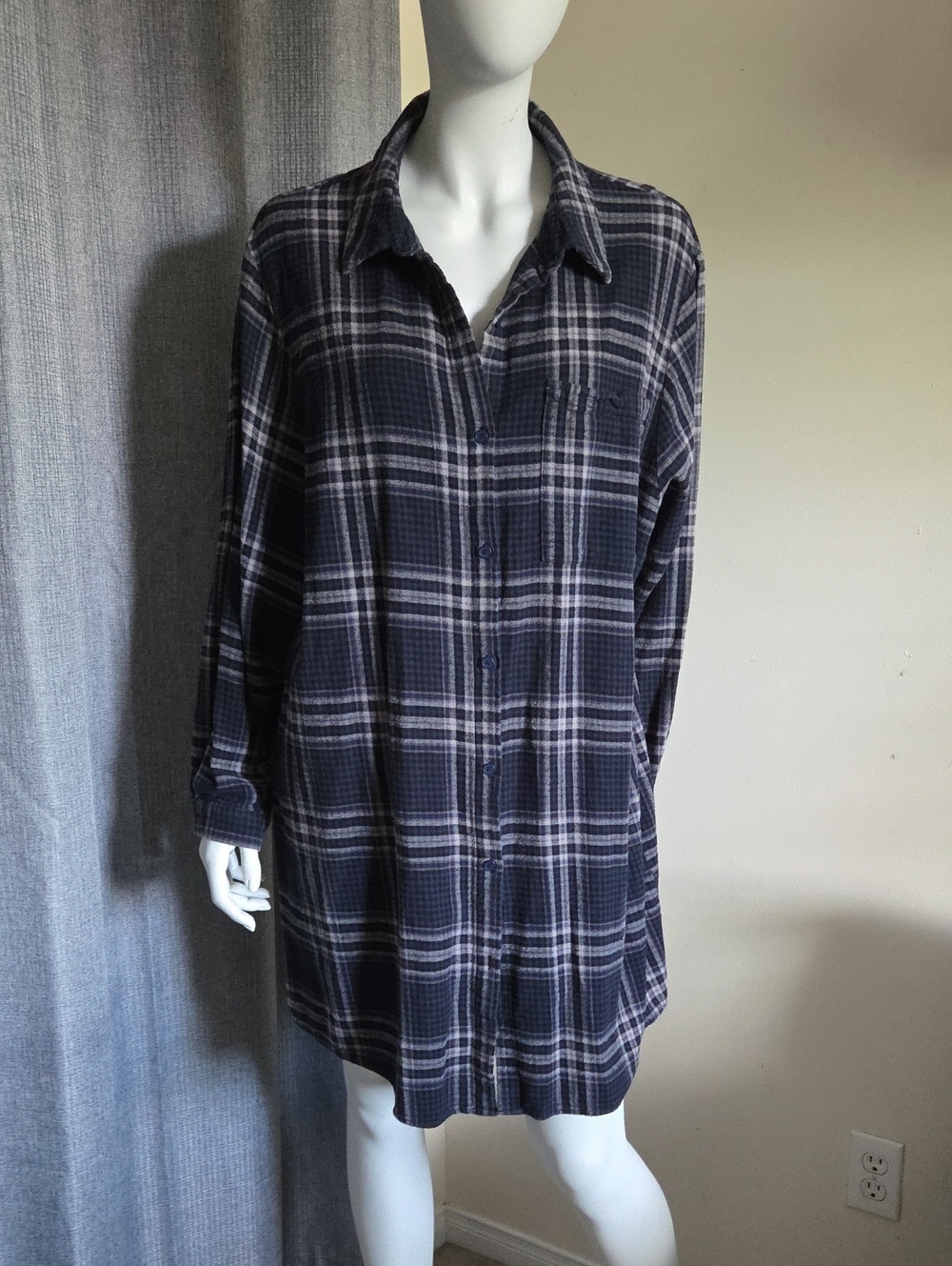 OAK + FORT Navy and Gray Flannel Plaid Oversized Shirt Dress